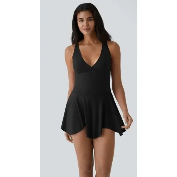 Halara Deep V Neck Racerback 2-in-1 Side Pocket Flare Mini Casual Dress - Picture 2 of 12